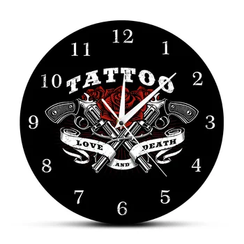 Tatoo Logotip, Ki Je Natisnjena Stenske Ure Ljubezni In Smrti Rose In Tatoo Pištole Stenske Ure Tattoo Studio Gothic Dekor Umetnost Tattooist Darilo