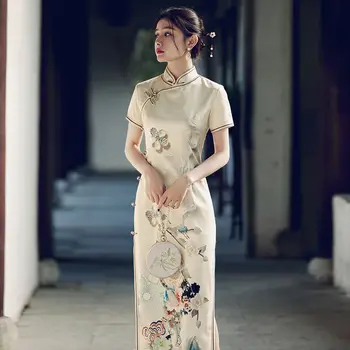Tradicionalna Kitajska Cheongsam Za Ženske Tiskanja Cvet Slim Seksi Večer Stranka Letnik Ročno Gumb Qipao Vestidos Velikosti S-xxl