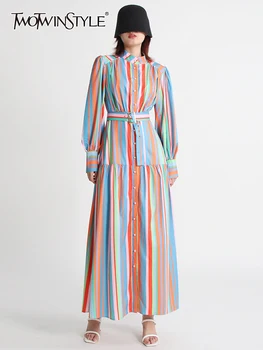 TWOTWINSTYLE Prugasta Colorblock Midi Obleko Za Ženske River Dolg Rokav Visoko Pasu Vintage Obleke Ženska Oblačila Novo 2022 Slog