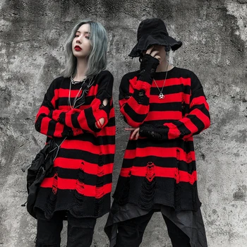 Unisex Stiski Goth Punk Prevelik Moških Oblačil Ulične Rdeče in Črne Trakove Sweater Moški Zimska Oblačila Modni 2022