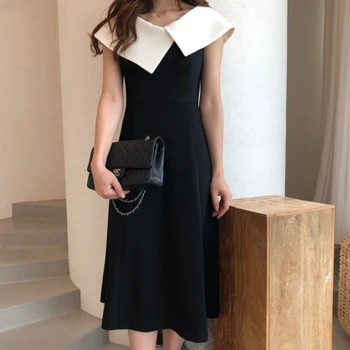 Velik Ovratnik Mozaik A A Skladu Obleko Midi Black Vestidos Verano 2022 Elegantna Urad Jurk Korejskem Slogu Žensk Retro Haljo De Soiree