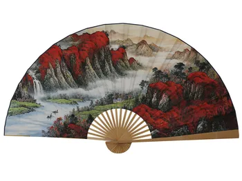 Velika Zgibanje Papirja Fan Kitajski Slog Obrti Banboo Okvir Ozadju Dekorativni Fan Visi Rdeča Gora Srečno