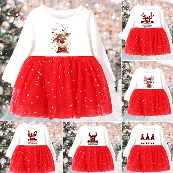 Vesel Božič Dekleta Rdeče Dolg Rokav Obleke Baby Toddler Novorojenčka Oblačila, Obleko Tiskanja Božič Obleke Počitnice Prisotna Tutu Obleko