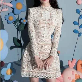 Vietnamski Oblikovalec 2022 Pomlad Novo Francosko Čipke Izdolbel Bela Obleka Ženske Sladko Elegantno Luksuzni Stranka Obleke, Ženske Obleke