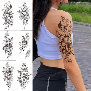 Vila Nalepke Metulj Black Akvarel Rose Cvet Realne Nepremočljiva Začasni Tattoo 3D Cvet Lady Ramenski DIY Tatoos