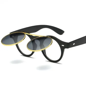 Vintage Krog Punk Flip Up Sončna Očala Moške Blagovne Znamke Oblikovalec Classic Double Layer Elektronske Sončna Očala Za Ženske Oculos De Sol