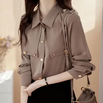 Vintage Long Sleeve Majica Pomlad Jesen ženskih Oblačil Nove SSolid Barve Polo-NeckSingle-zapenjanje Odhaja korejski Mlade Slog