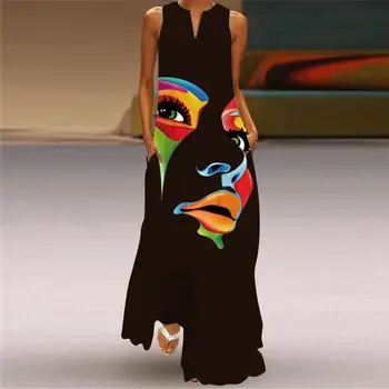 Človeški Obraz Natisnjeni Črno Obleko 2022 Eleganten Casual Vintage Obleke Ženska Poletje boho Plaži brez Rokavov Dekleta Dolga Obleka Ženske