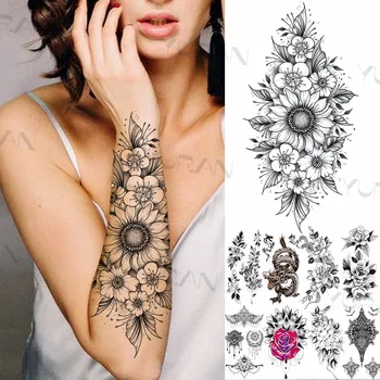 Črna Sončnično Začasne Tetovaže Za Ženske, Moške Realne Ponaredek Zmaj Henna Sonce Cvet Tattoo Nalepke Nepremočljiva Podlakti Tatoos