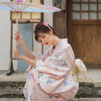 Ženske na Japonskem Kimono Roza Barve Lepa Roža Natisne Japonske Tradicionalne Yukata Cosplay Oblačila Fazi, ki Opravljajo Obrabe