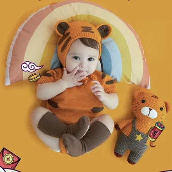 ❤️CYMMHCM Baby Fotografije Oblačil Tiger Klobuk+Jumpsuit 2Pcs/komplet za Malčke Foto Rekviziti Pribor Studio Ustrelil Pletene Obleke Obleke